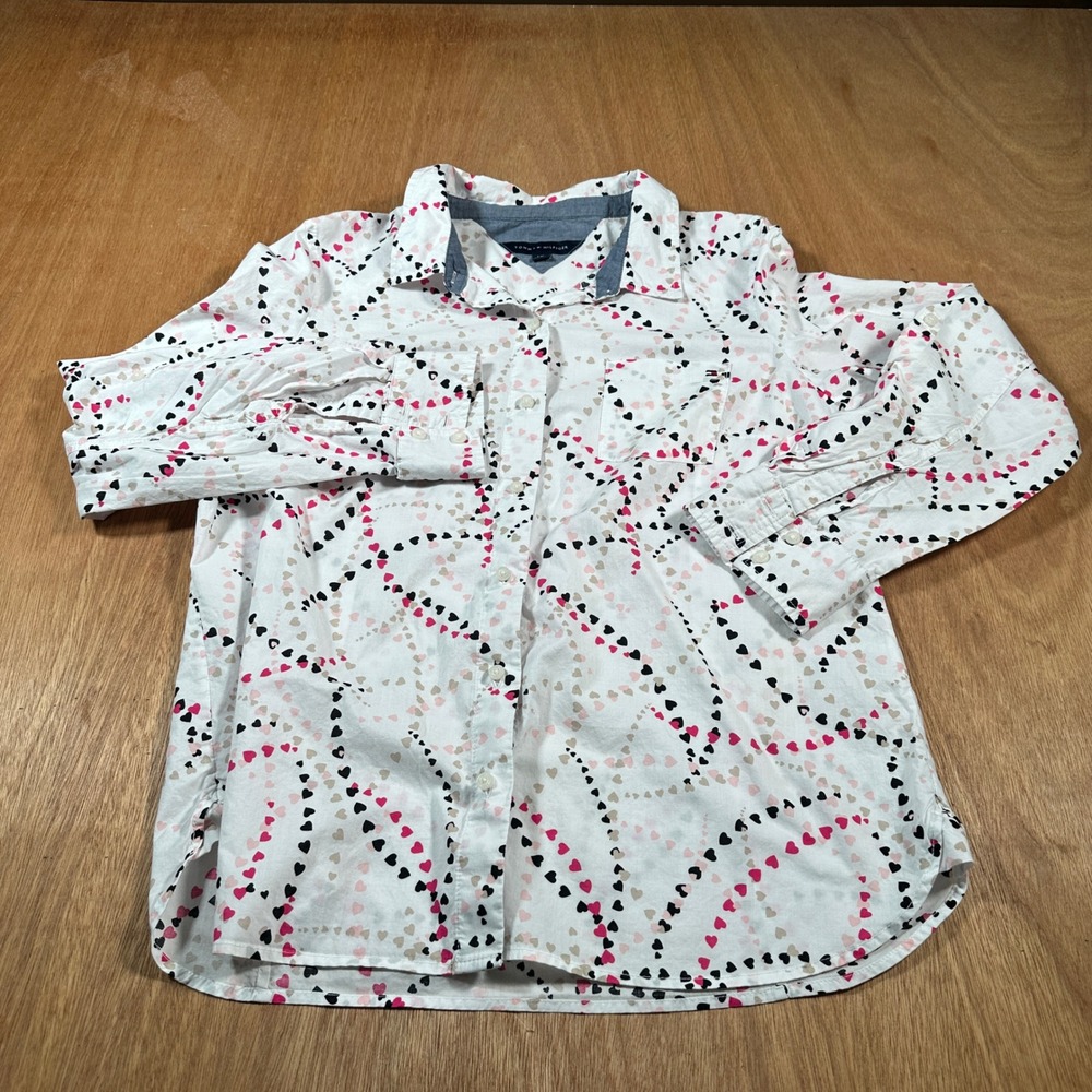 Tommy Hilfiger Button Down Shirt Women L White Heart Print Long Sleeve Cotton